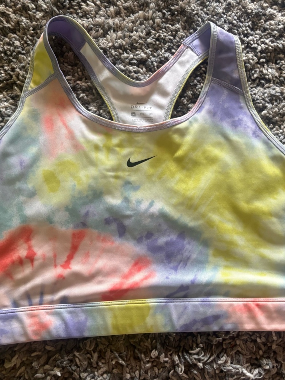 Nike Tie-Dye Sports Bra in Yellow, Purple, and Coral Accents